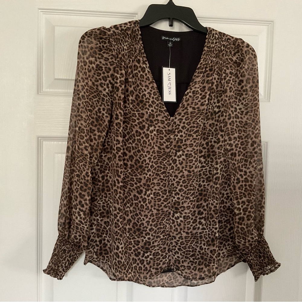 Leopard Print V-Neck Long Sleeve Blouse - Brown